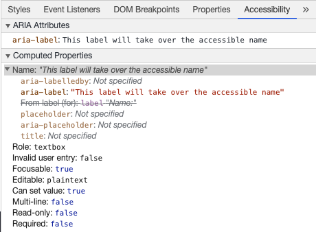 Ferramentas de Programação do Chrome exibindo o nome acessível da entrada do
